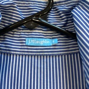 J McLaughlin cool summer dress. Blue pinstripes.